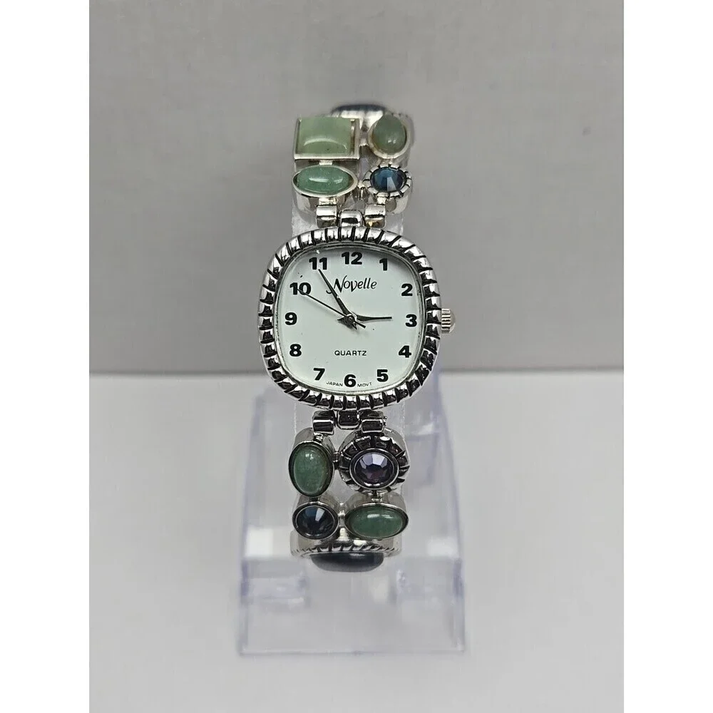 Novelle Gemstone Bracelet Watch Aventurine Blue Cabochon Silver Tone New Battery